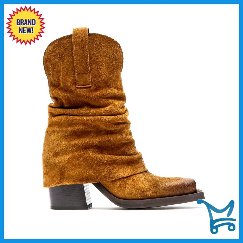 Faux Suede Fold Over Boots Square Toe Chunky Heel Mid Calf Western